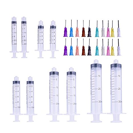 HUAHA Needles Set-10pcs 3ml,5ml,10ml,20ml, 30ml Indutrial Syringe with 20pcs Different Size 1/2" Stainless Blunt Tip Needle Great for Refilling,Measuring E-Liquids,E-cigs,E-juice,Vape