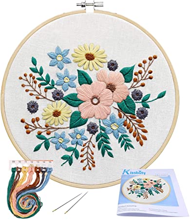 Full Range of Embroidery Starter Kit with Pattern, Kissbuty Stamped Embroidery Kit Including Embroidery Cloth with Pattern, Bamboo Embroidery Hoop, Color Threads Needle Kit (Floral)