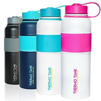 Thermo Tank Insulated Stainless Steel Water Bottle - Ice Cold 36 Hours! Vacuum   Copper Technology - Rubber Grip, SS Inner Lid - 40 Ounce