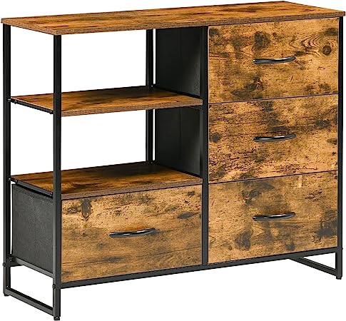 HOMCOM Meuble de Rangement, Commode, Buffet de Rangement Style Industriel 4 tiroirs en Tissu Pliables 2 étagères métal et Bois - 84 x 30 x 71,5 cm