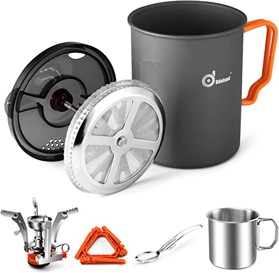 Odoland 7 Pcs Camping Coffee Maker French Press, Portable Coffee Pot with Mini Stove, 750ml Stainless Steel Cup and Spork for Picnic, Backpacking, Hiking, Outdoors