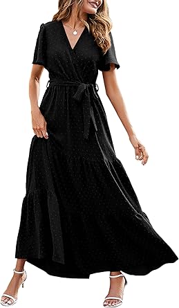 MASCOMODA Womens Boho Swiss Dot Maxi Dresses Wrap V Neck Flutter Short Sleeve Solid Tie Belt A Line Tiered Flowy Long Dresses