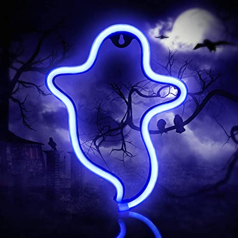 Ghost Neon Sign Halloween LED Neon Light Halloween Decoration Ghost Light Indoor Night with Battery or USB Powered for Party Bedroom Kids Room Living Room Birthday Wedding, Blue