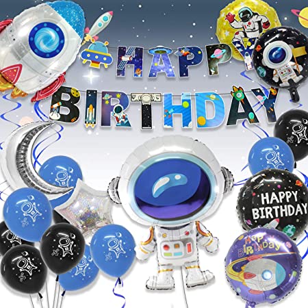 Birthday Party Decorations for Kids, Outer Space Themed Party Decorations, Astronaut Spaceman Rocket Foil Balloon with Unique Happy Birthday Banner, Hanging Swirls Astronaut Pattern Latex Balloons
