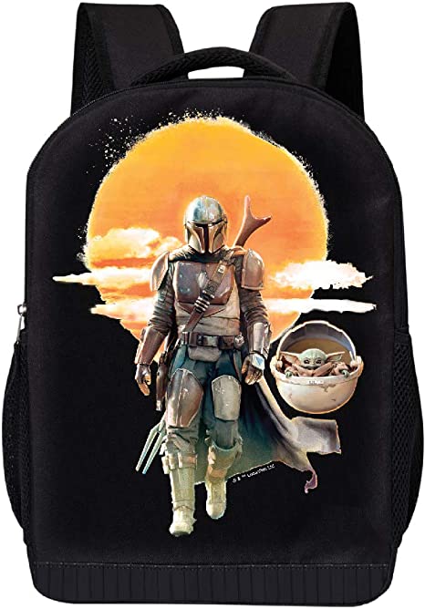 STAR WARS BLACK MANDALORIAN BACKPACK - STAR WARS 18 INCH AIR MESH PADDED BAG (Mando Child and the Sun)