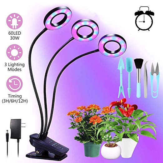 IMAGE Grow Lights for Indoor Plants,60 LED Bulbs 3/6/12 Timer Function with Red, Blue Spectrum,Gooseneck 3-Head Divide Control Dimmable for Hydroponics Vegetable,Flowers,Succulents,Seedlings Starting