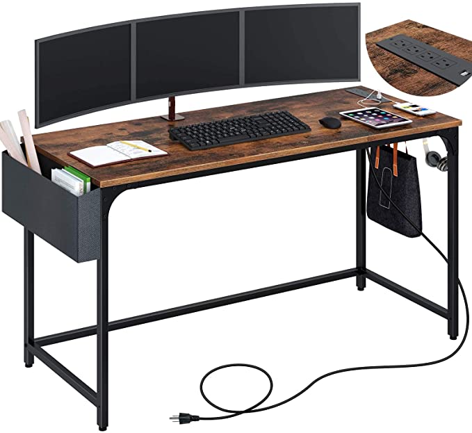 Rolanstar Computer Desk with Power Outlet, Home Office Writing Desk 55", Study Table with Side Storage Bag and Iron Hooks, Workstation, Modern Simple Style, Stable Metal Frame CPT002-YW140-RR