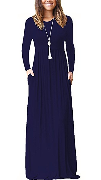 ThusFar Women's Solid Plain Long Sleeve Round Neck Long Tunic Maxi Dress with Pocket