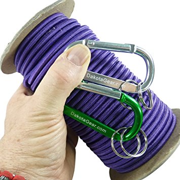Shock Cord - Marine Grade, with 2 Carabiners & Knot Tying eBook.  1/8", 3/16", 1/4" on 25 / 50 / 100 ft. Spools. 6 Colors, Made in USA. Also called bungee cord, stretch cord & elastic cord.