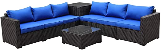 Outdoor PE Rattan Furniture Set -6 Piece Patio Wicker Sectional Conversation LoveSeat Couch Sofa Set with Storage Table Box, Royal Blue Cushion