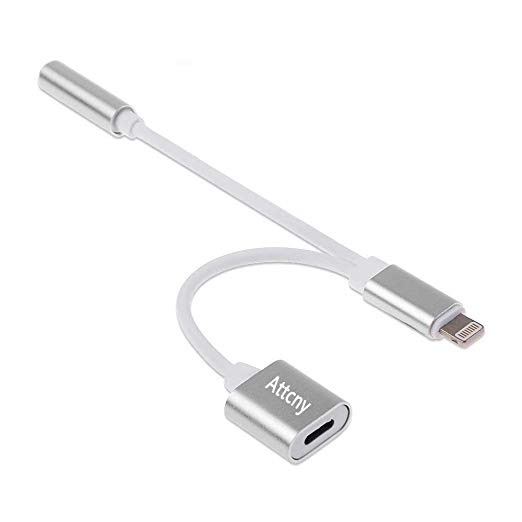 2 in 1 Adapter and Charger 2-Port to 3.5mm Aux Headphone Jack and Charger Cable Adapter Compatible for Phone 8 7 Plus Adapter (Silver)