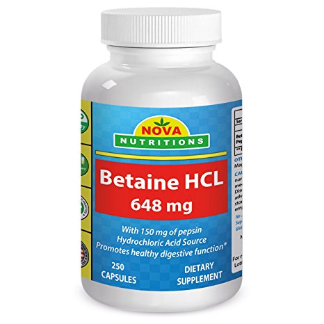 Betaine HCL 648 mg 250 Capsules by Nova Nutritions