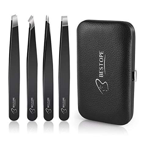 BESTOPE Eyebrow Tweezers Set, 4 Sets Stainless Steel Tweezers With Slant Tweezers, Pointed Tweezers and Straight Tweezers for Eyebrows Plucking, Facial Body / Ingrown Hair Removal-Packed in Leather Case