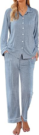 Ekouaer Womens Pajama Sets Long Sleeve Sleepwear Button Down Loungewear Soft 2 Piece Pj Set with Pockets