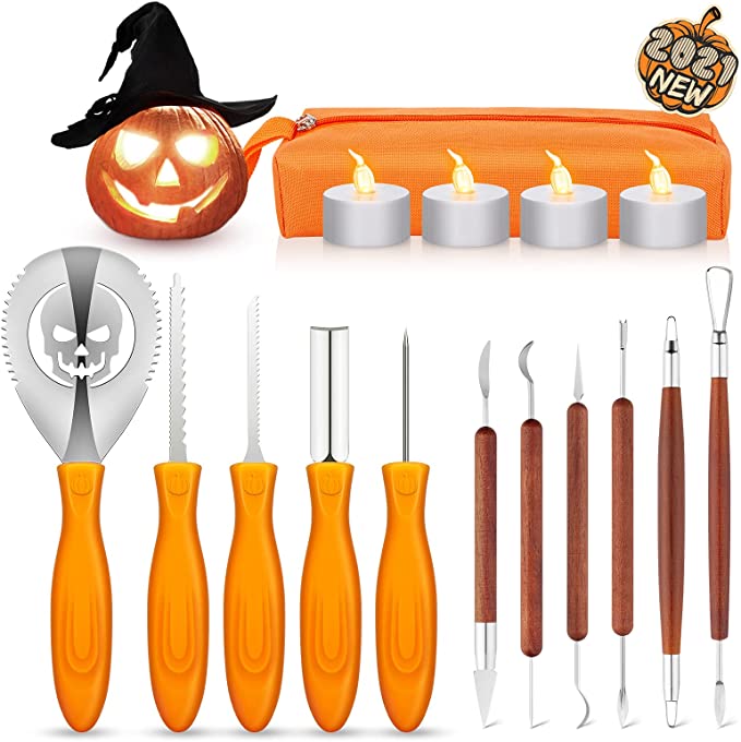 16 PCS Halloween Pumpkin Carving Kit for Adults & Kids, Professional Heavy Duty Stainless Steel Pumpkin Carving Tools for Jack-O'-Lantern Halloween Decoration