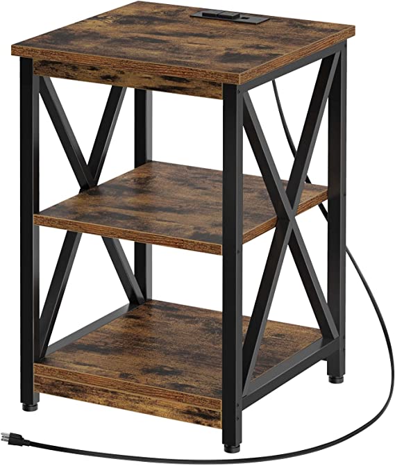 Rolanstar End Table with Charging Station, 3-Tier Nightstand with USB Ports & Power Outlets, Side Table with Storage Shelf and Stable Frame, Industrial Farmhouse for Living Room, Bedroom, Rustic Brown