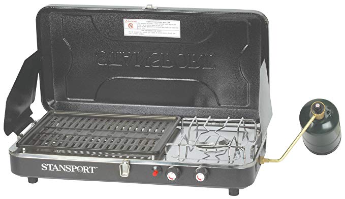 Stansport High Output 10,000 BTU Propane Stove and Grill Combo with Piezo Igniter, Black