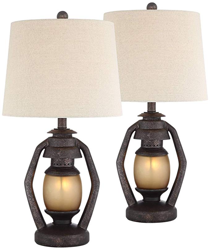 Horace Rustic Farmhouse Table Lamps Set of 2 with Nightlight Miner Lantern Brown Oatmeal Tapered Drum Shade for Living Room Bedroom Bedside Nightstand Office Family - Franklin Iron Works