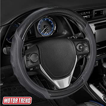 Motor Trend SW-812 Ultra Sport Pebbled Leather Steering Wheel Cover with Carbon Fiber Detail - Universal Fit for Standard Sizes 14.5 15 15.5 inches (Gray   Black)