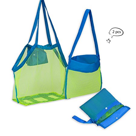 Beach Mesh Tote Bag 2PCS Large Foldable Sand Away Children Beach Toys Organizer Storage Bags