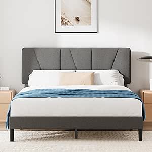 Zinus Queen Maya Upholstered Bed Frame with Asymmetric Headboard, Durable Wooden Slats, Sturdy Framework, Noise Free Sleep, No Box Spring Needed, Easy Assembly, Eco Friendly Packaging, Dark Grey