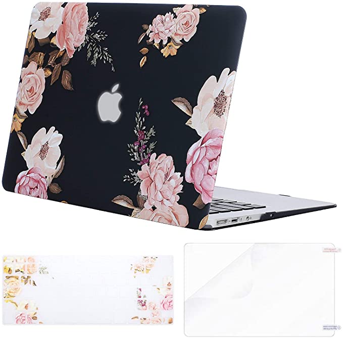 MOSISO MacBook Air 13 inch Case (A1369 & A1466, Older Version 2010-2017 Release), Plastic Peony Hard Shell Case&Keyboard Cover&Screen Protector Only Compatible with MacBook Air 13 inch, Black