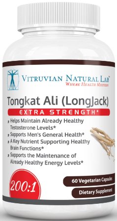 Vitruvian Natural Lab - Tongkat Ali Supplement - 200:1 Extract 400mg Per Veggie Capsule - Known as Eurycoma Longifolia or Longjack - Made in USA - Extra Strength