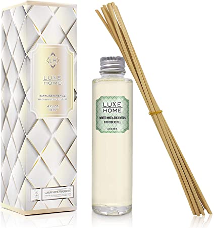 Luxe Home Winter Mint & Eucalyptus Reed Diffuser Refill Oil with Sticks | Herbal Essential Oil Blend | Liquid Air Freshener | Includes Replacement Reeds