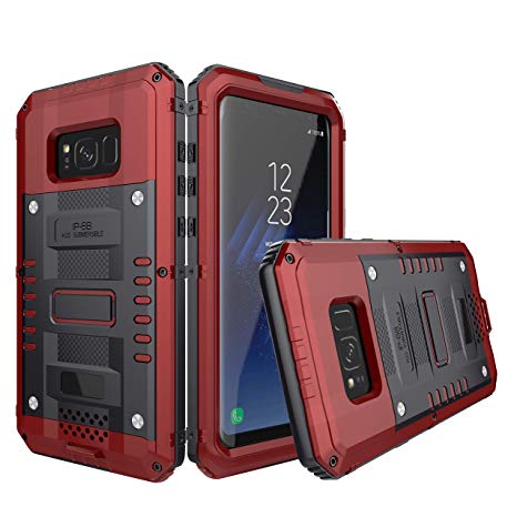 Galaxy S8 Plus Waterproof Case, Amever Aluminum Metal Heavy Duty with Built-in Screen Full Body Protective Shockproof Drop Proof Hybrid Cover Military Outdoor Sport for Samsung Galaxy S8 Plus (Red)