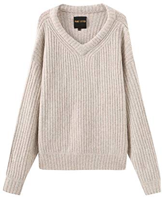 Fancy Stitch Women's V-Neck Loose Fit Rib Knitted Sweater