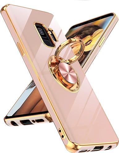 LeYi for Samsung Galaxy S9 Case with 360° Rotatable Ring Holder Magnetic Kickstand, Plating Rose Gold Edge Protective Case for Women and Girls, Pink