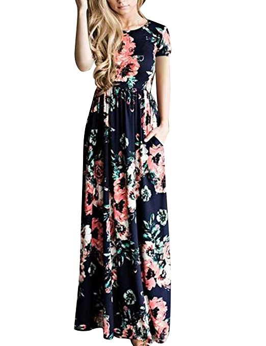 HUHHRRY Women Autumn Fashion Floral Print Casual Plain Stretch Tank Maxi Long Dress