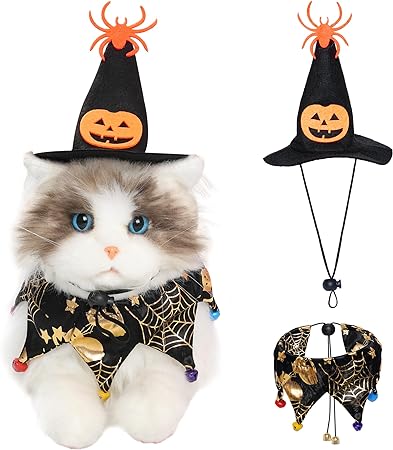 Cat Witch Halloween Costume Suit, Hmxpls Small Dogs & Cats Tutu Collar and Witch Pumpkin Hat Cute Costume Suit Kitten Outfit Clothing for Birthday Party Thanksgiving Christmas Holiday