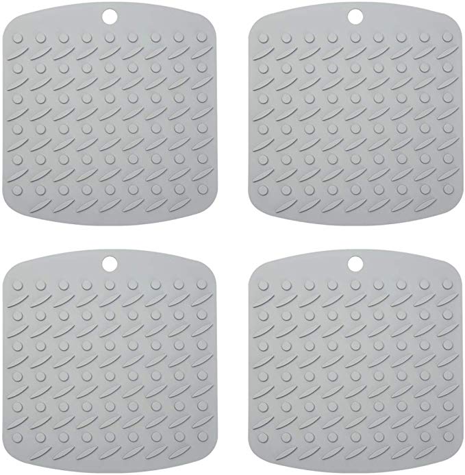 Premium Silicone Pot Holder Silicone Trivets for Hot Dishes, Spoon Rest Garlic Peeler Non Slip, Heat Resistant Hot Pads Potholders and Oven Mitts. Multipurpose Kitchen Tool 4 Pack Grey, 7x7"