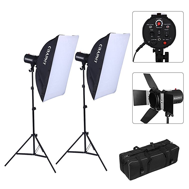 CRAPHY Photography Studio Soft Box Lighting Kit with 220W Strobe Light x2   Barn Doors   Softbox x2   Light Stands x2   Wireless Triggers