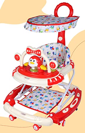 Amardeep and Co Baby Walker with Adjustable Height,Rocker,Stopper,Shade,Footmat,Push Handle Bar,Fun Toys and Activities for Babies and Child-Red