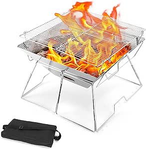 Odoland Folding Campfire Grill, Camping Fire Pit, Outdoor Wood Stove Burner, Premium Stainless Steel, Portable Camping Charcoal Grill with Carrying Bag for Backpacking Hiking Travel Picnic BBQ