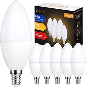 7W E14 LED Candle Bulbs, JandCase C37 LED Candle Light Bulbs, SES Small Edison Screw Candle Light Bulbs, Equivalent to 60W Incandescent Candle Bulbs, Warm White 3000K, 560LM, Non-Dimmable, Pack of 6