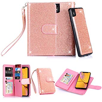 iPhone XR Case (2018), 10 Card Slot - ID Slot, Button Phone Wallet Cover Folio PU Leather Case Cover with Detachable Magnetic Hard Case - Glitter Rose Gold
