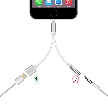 2 in 1 Lightning Adapter for iPhone 7 / 7 Plus Dual Function Lightning Splitter Charging Cable 3.5 mm Headphone Adapter and Lightning Charging Port Extension Cable ( Silver)
