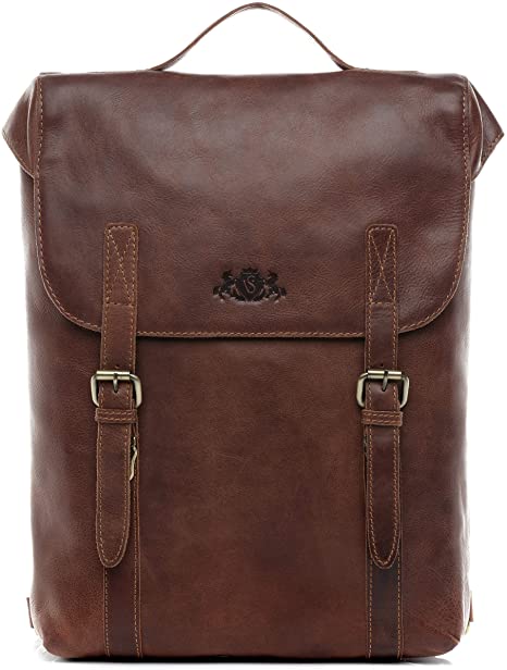 SID & VAIN Backpack Eton Large daybag knapsack Real Leather 15.6" Laptop Rucksack Leather Bag Women and Men Brown