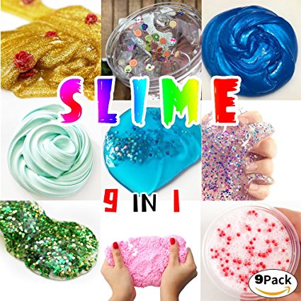 HSETIY Super Slime Kit - 9 Styles Slime（2.5 oz each,total 22.5oz） with Colorful Foam Balls, Gold sand Decoration, Pearl Decoration, Golden sand Glitter Shake Jars for DIY Slime