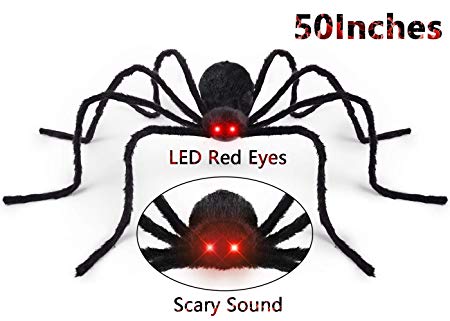FLY2SKY Halloween Spiders 50” Giant Spider Voice Touch Control LED Red Eyes Outdoor Halloween Yard Decorations Shake & Squeak with Spooky Voice Haunted House Decoration