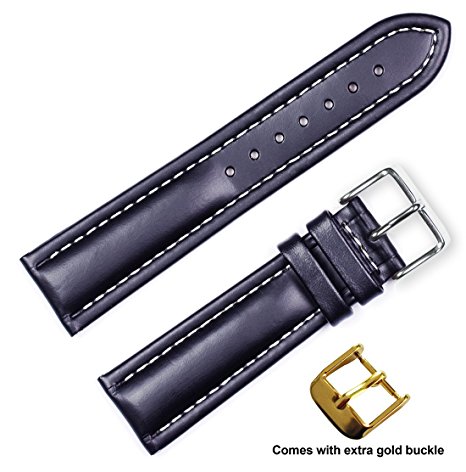 deBeer brand Breitling Style Oil Tanned Leather Watch Band (Silver & Gold Buckle) - Black 20mm