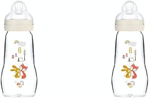 MAM Biberon en verre (260 ml) – Biberon résistant à la chaleur et aux variations de température – Tétine Débit 2 Moyen pour bébé à partir de 2 mois – Couleur : Blanc (Lot de 2)