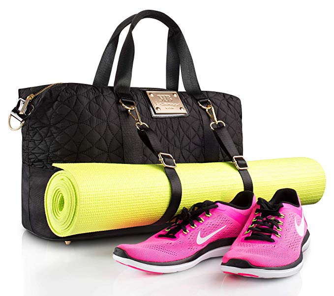 Designer Gym Tote Bag | Cute Workout Purse with Yoga Mat Holder Straps and Shoe Compartment (Black)