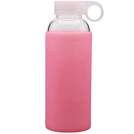 (Limited Time Promotion) Bonison Durable Glass Water Bottle with Soft Colorful Silicone Sleeve Handle Lid 14 Oz