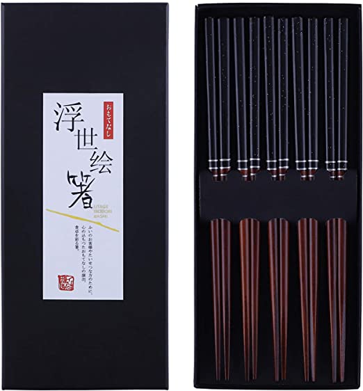 Antner 5 Pairs Natural Wood Chopsticks Reusable Japanese Style Chopstick Gift Sets, Black Hardwood Chopsticks Dishwasher Safe, 9 Inch/23cm