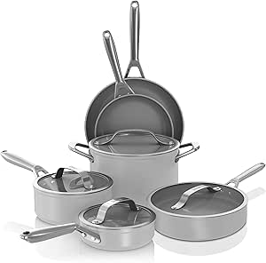 Ninja NeverStick Ceramic Pro,Non-Stick Pots & Pans Set with Glass Lids, PTFE Free, Ceramic Coated, Stainless Steel, Stove to Oven Safe to 660°F, All Stovetops & Induction Compatible,Gray, CW39010GY