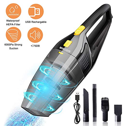 MingBin Handheld Vacuums Cordless, USB Rechargeable Car Vacuum Cleaner,6KPa 120W Portable Car Hoover Handheld Cordless Vacuum, Wet & Dry Handheld Auto Vacuum Cleaner for Car/Home